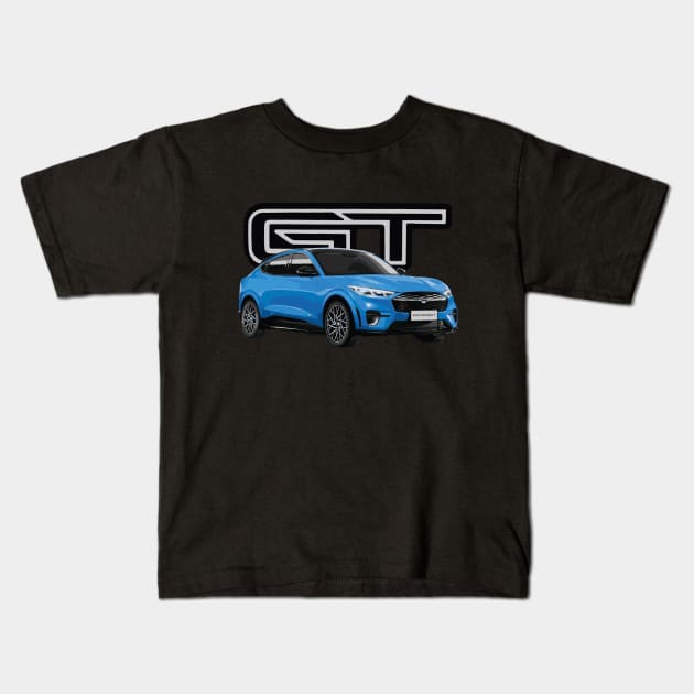 MUSTANG MACH-E GT Grabber Blue Performance Electric SUV Kids T-Shirt by cowtown_cowboy